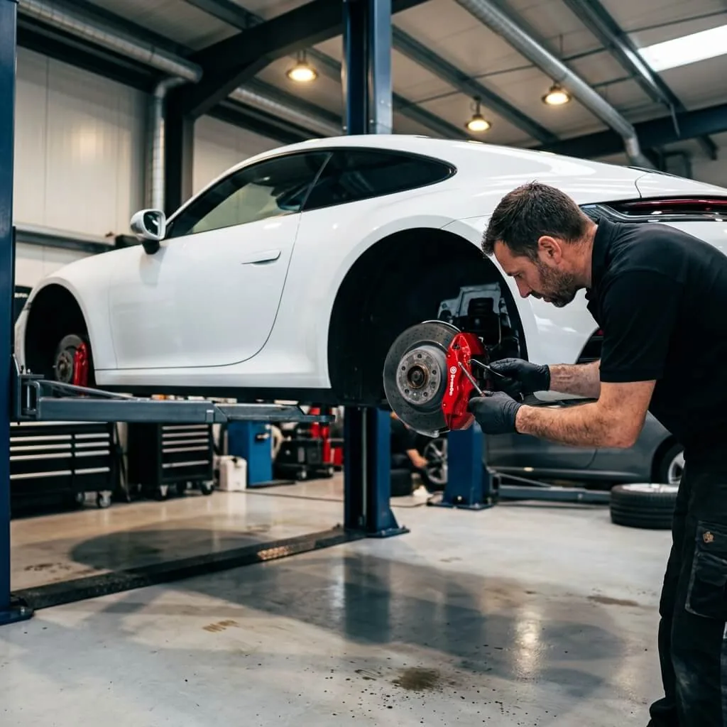 Techniker arbeitet an der Bremsanlage eines weißen Porsche 911 auf der Hebebühne der Roock Werkstatt