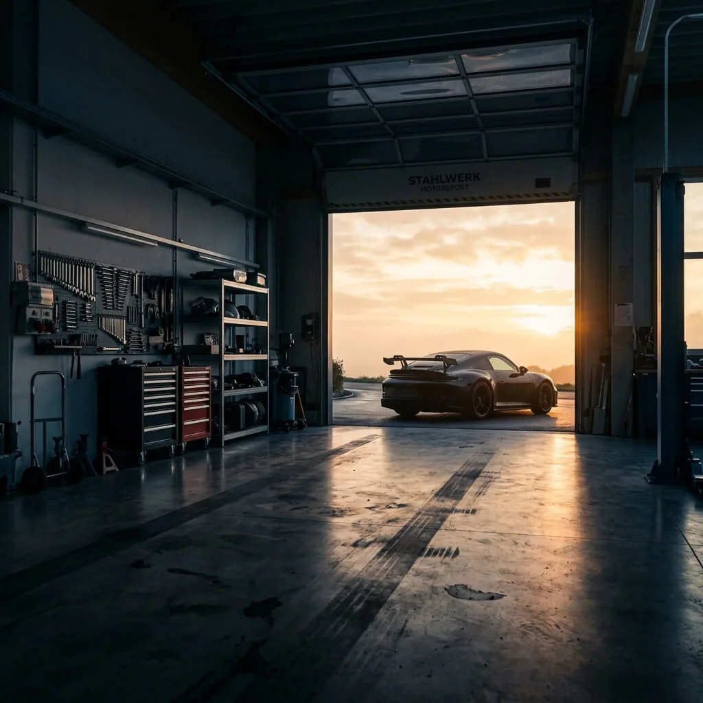Blick aus der Werkstatthalle auf einen Porsche 911 mit Heckflügel im Abendlicht