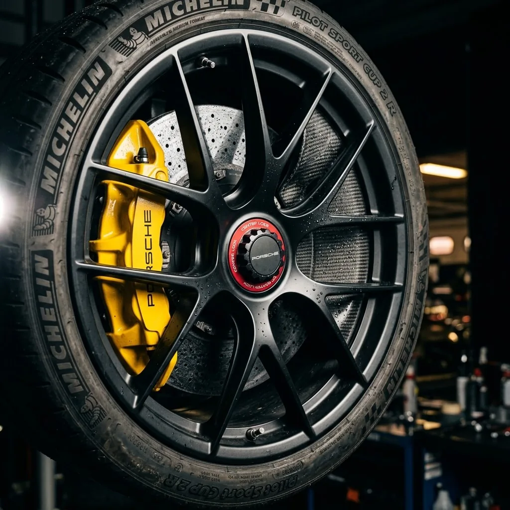 Porsche Rad mit Sportreifen und gelbem Bremssattel in der Werkstatt